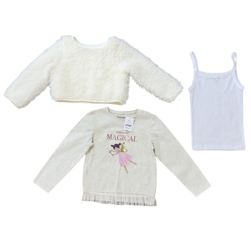 Girls 3pc Top Bundle Nutmeg Fairy Tee Pippa & Julie Faux Fur Shrug Camisole 4-5